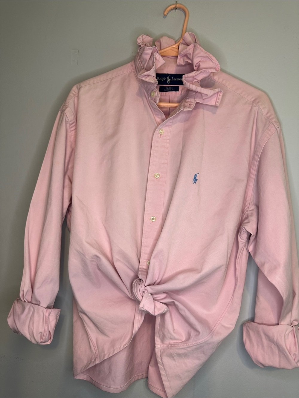 Ralph Lauren Light Pink Oxford Ruffled collar Shirt with Blue Pony - Picture 1 of 5